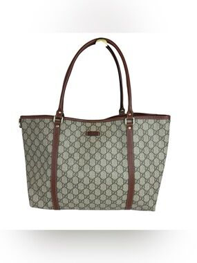 Gucci Beige GG Supreme Canvas Tote with Brown Leather Trim